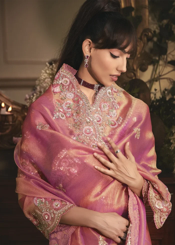 Embroidered Rose Pink Tissue Organza Saree