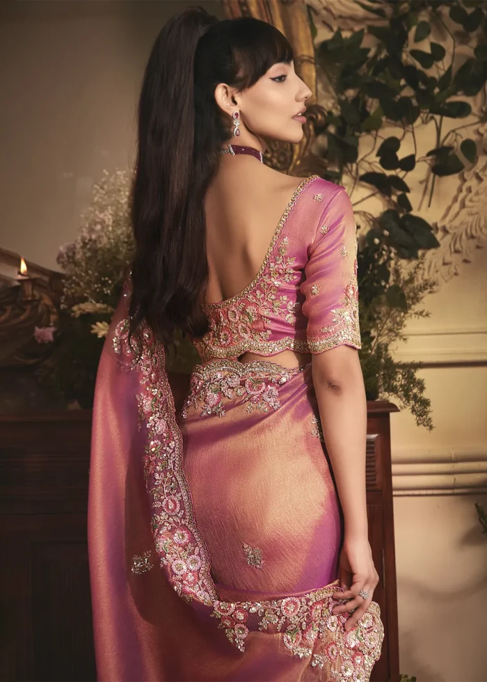 Embroidered Rose Pink Tissue Organza Saree