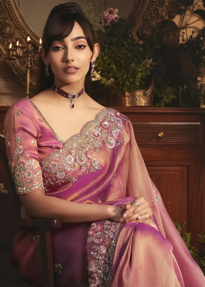 Embroidered Rose Pink Tissue Organza Saree