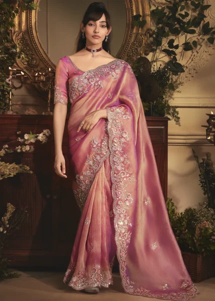 Embroidered Rose Pink Tissue Organza Saree