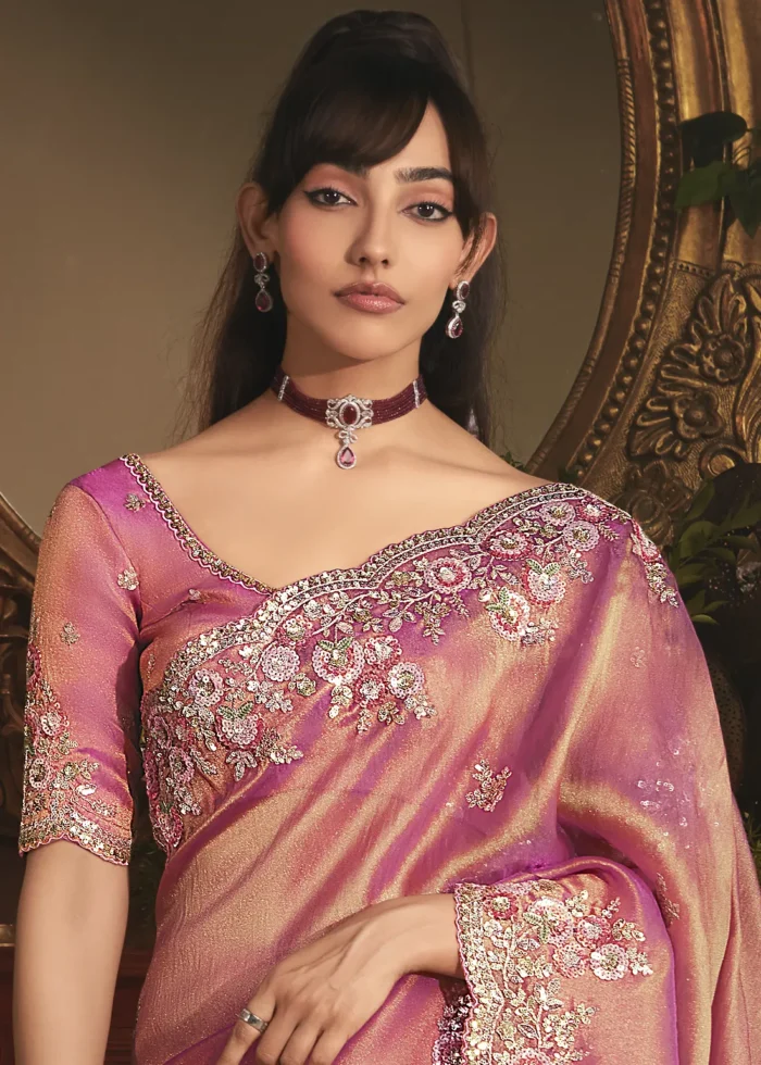 Embroidered Rose Pink Tissue Organza Saree