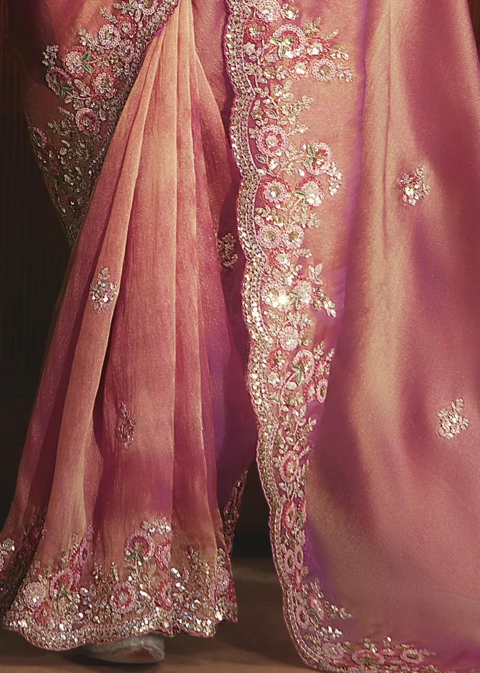 Embroidered Rose Pink Tissue Organza Saree