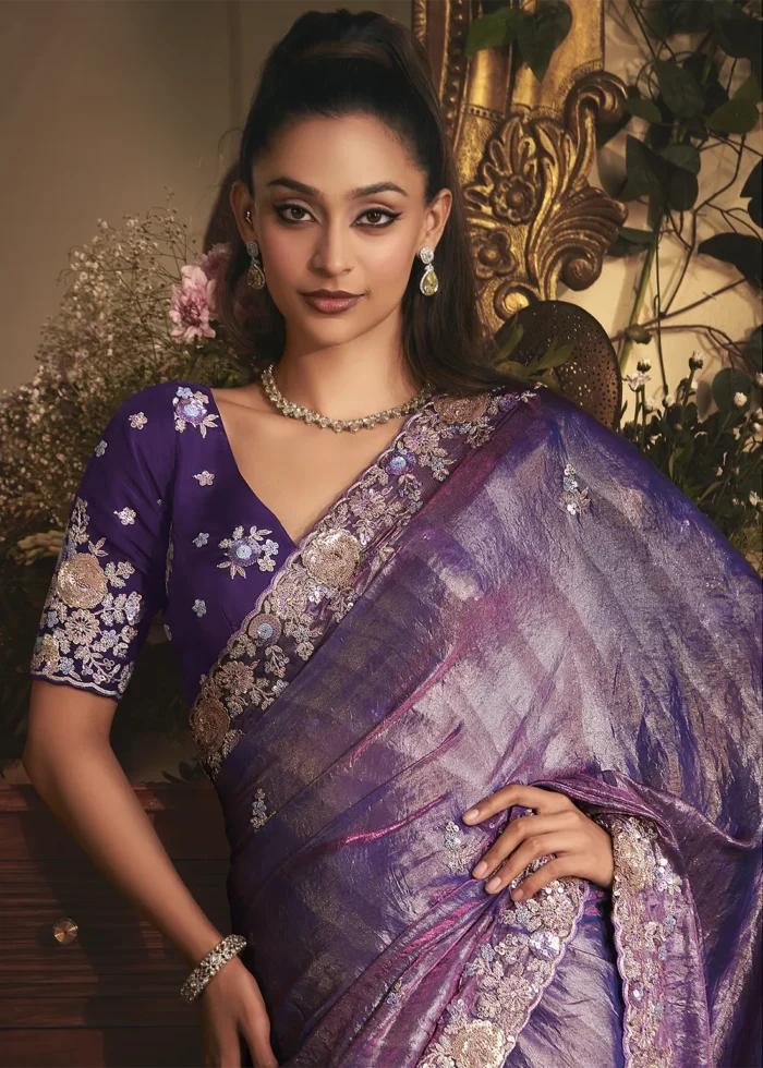Embroidered Royal Purple Tissue Organza Saree