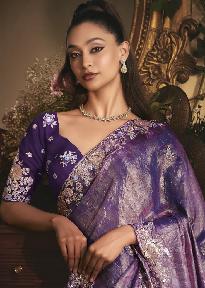 Embroidered Royal Purple Tissue Organza Saree