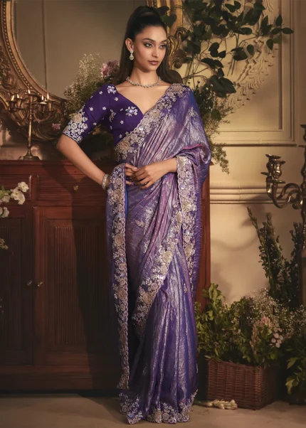 Embroidered Royal Purple Tissue Organza Saree