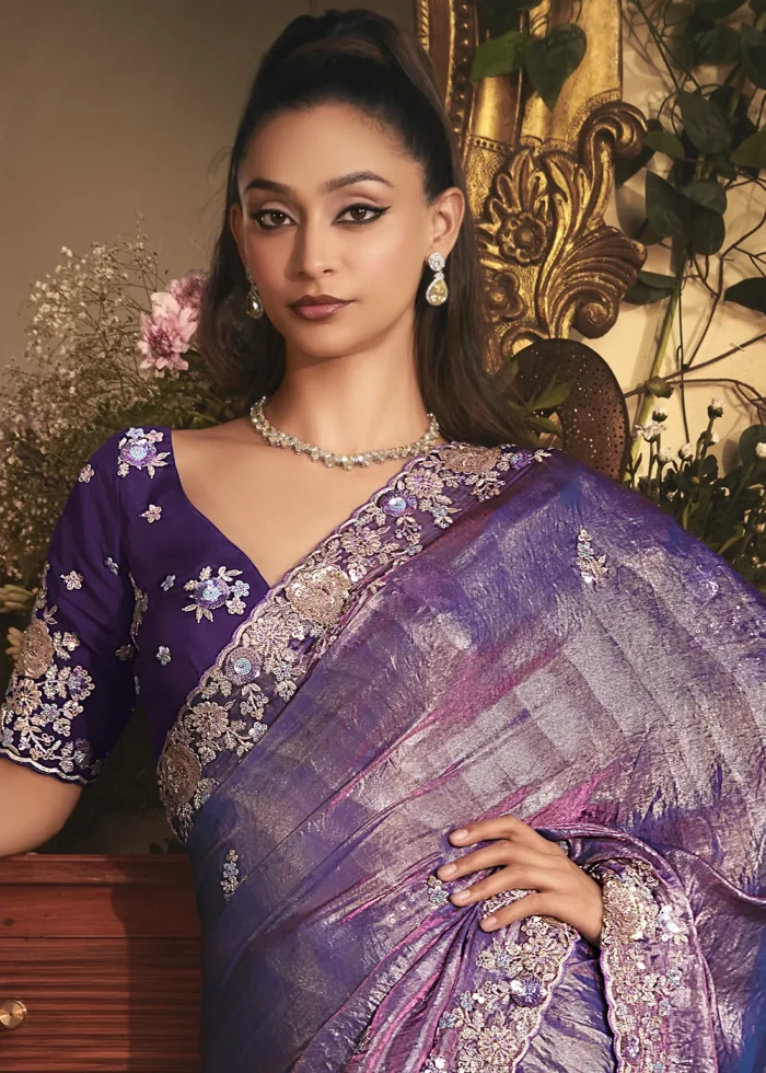 Embroidered Royal Purple Tissue Organza Saree