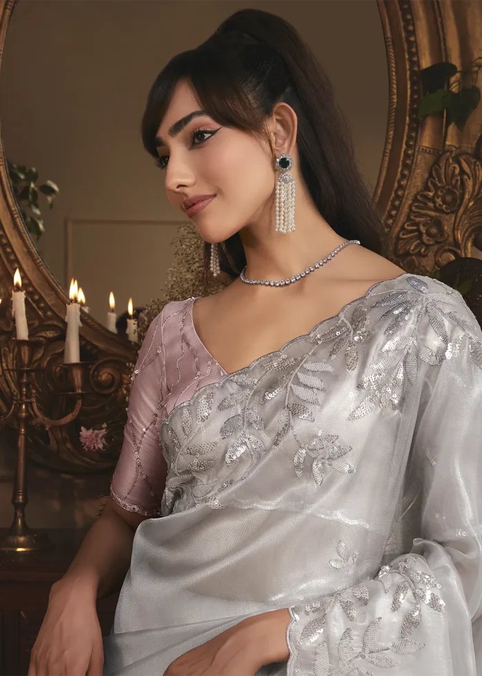 Embroidered Silver Gray Organza Saree