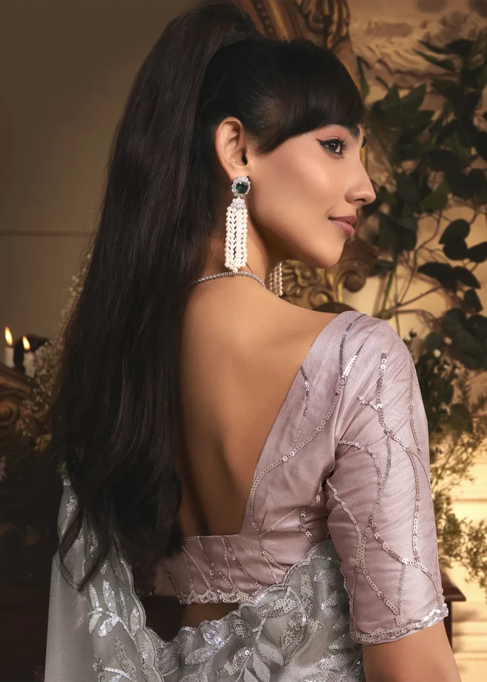 Embroidered Silver Gray Organza Saree