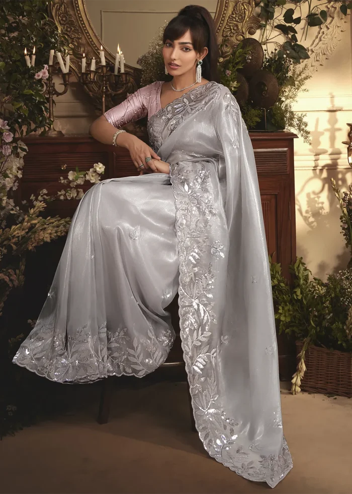 Embroidered Silver Gray Organza Saree