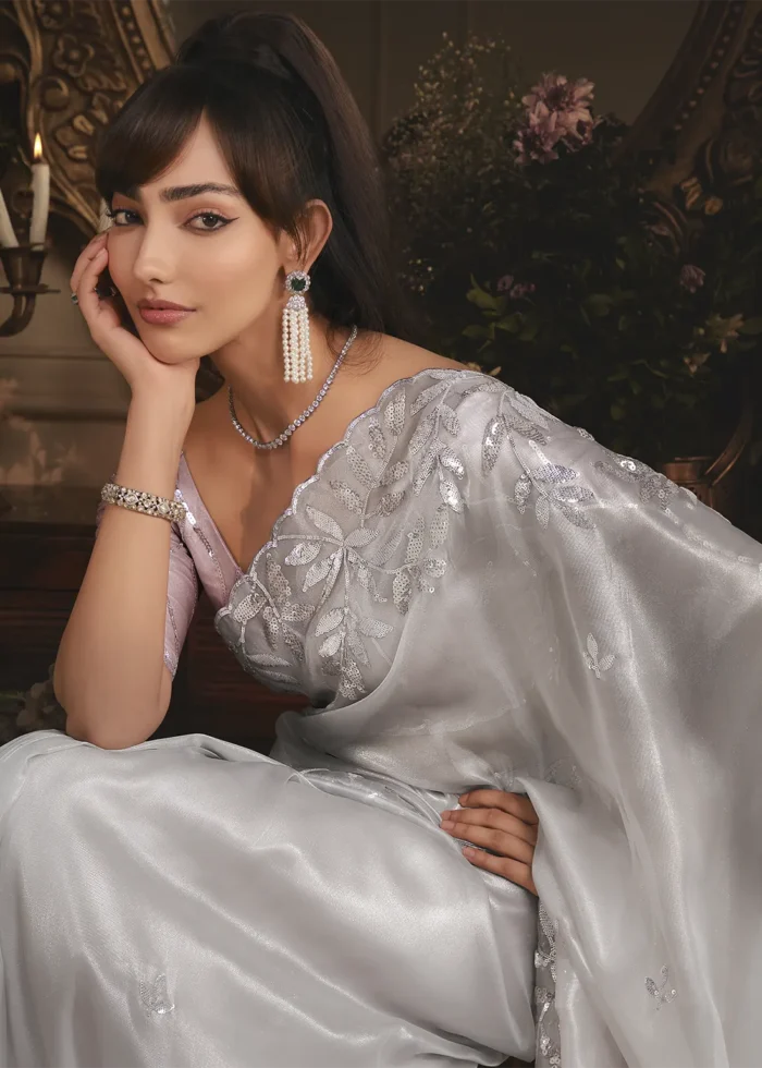 Embroidered Silver Gray Organza Saree