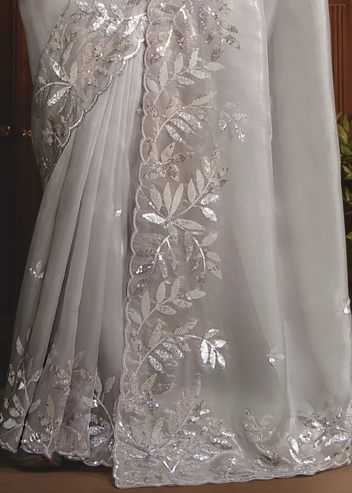 Embroidered Silver Gray Organza Saree