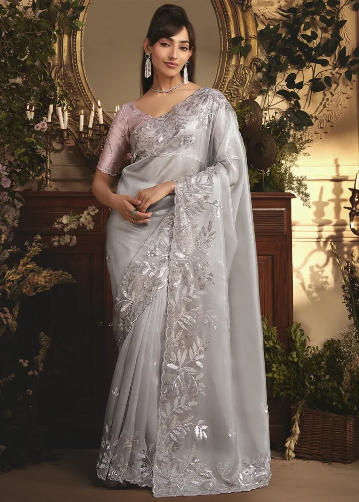 Embroidered Silver Gray Organza Saree