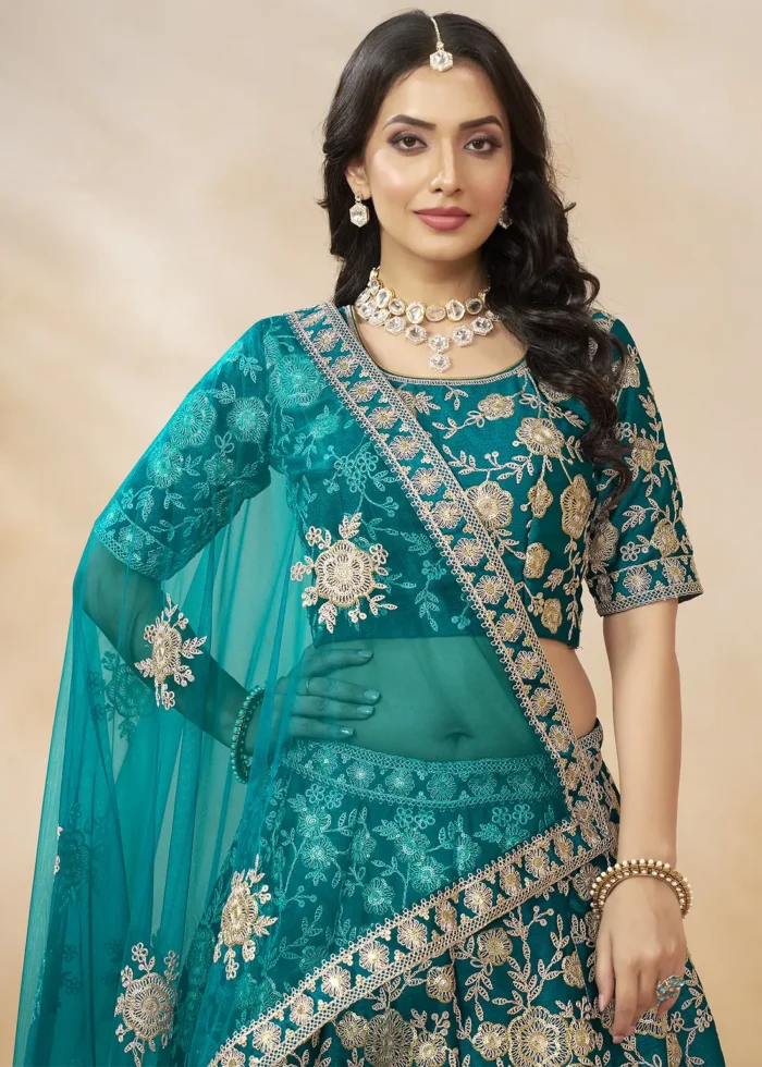 Embroidered Teal Silk Lehenga