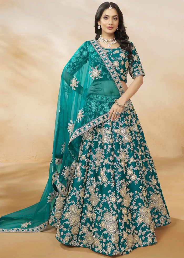Embroidered Teal Silk Lehenga
