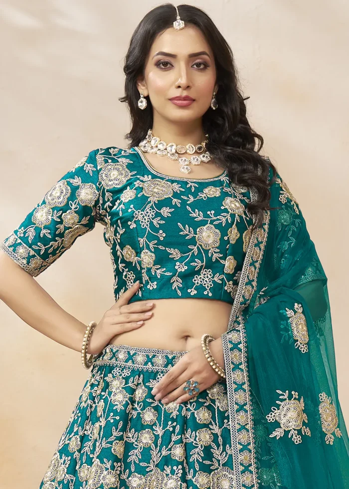 Embroidered Teal Silk Lehenga