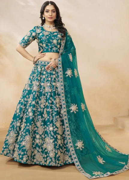 Embroidered Teal Silk Lehenga
