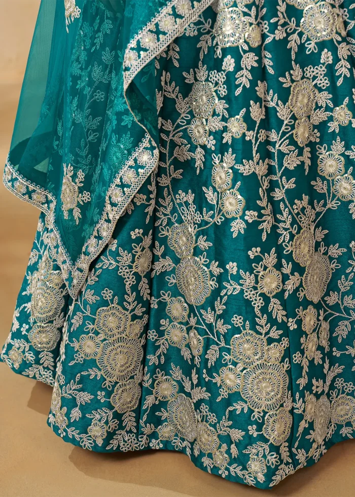Embroidered Teal Silk Lehenga