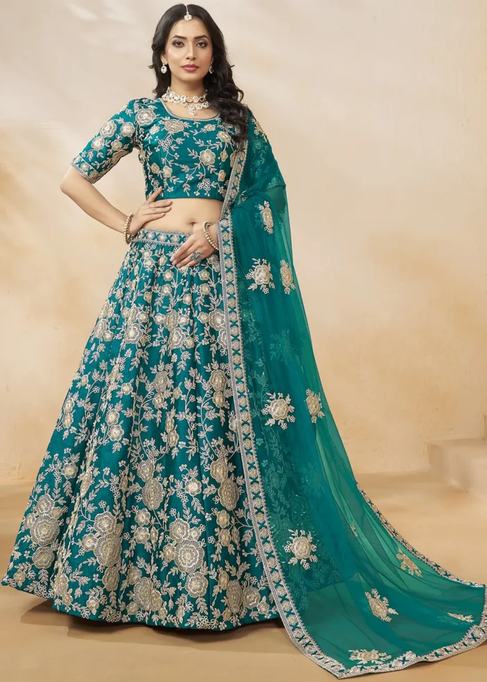 Embroidered Teal Silk Lehenga