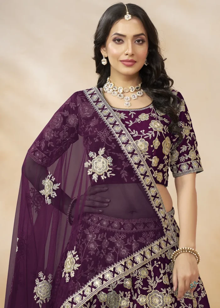 Embroidered Wine Silk Lehenga