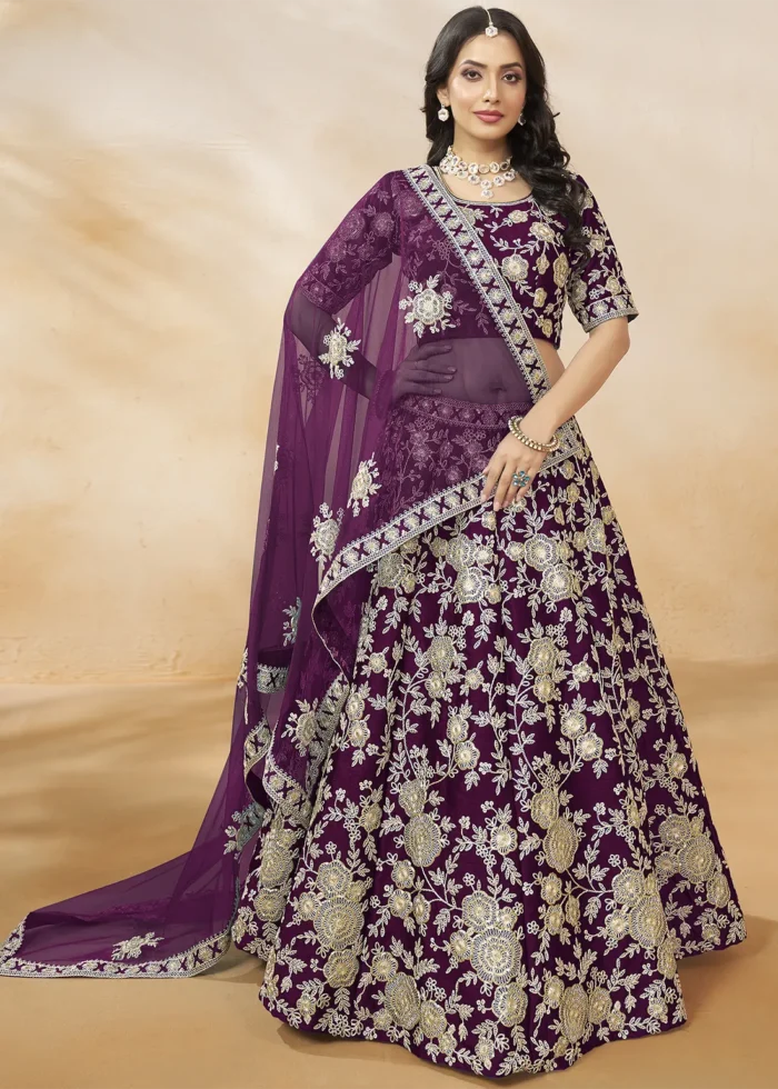 Embroidered Wine Silk Lehenga