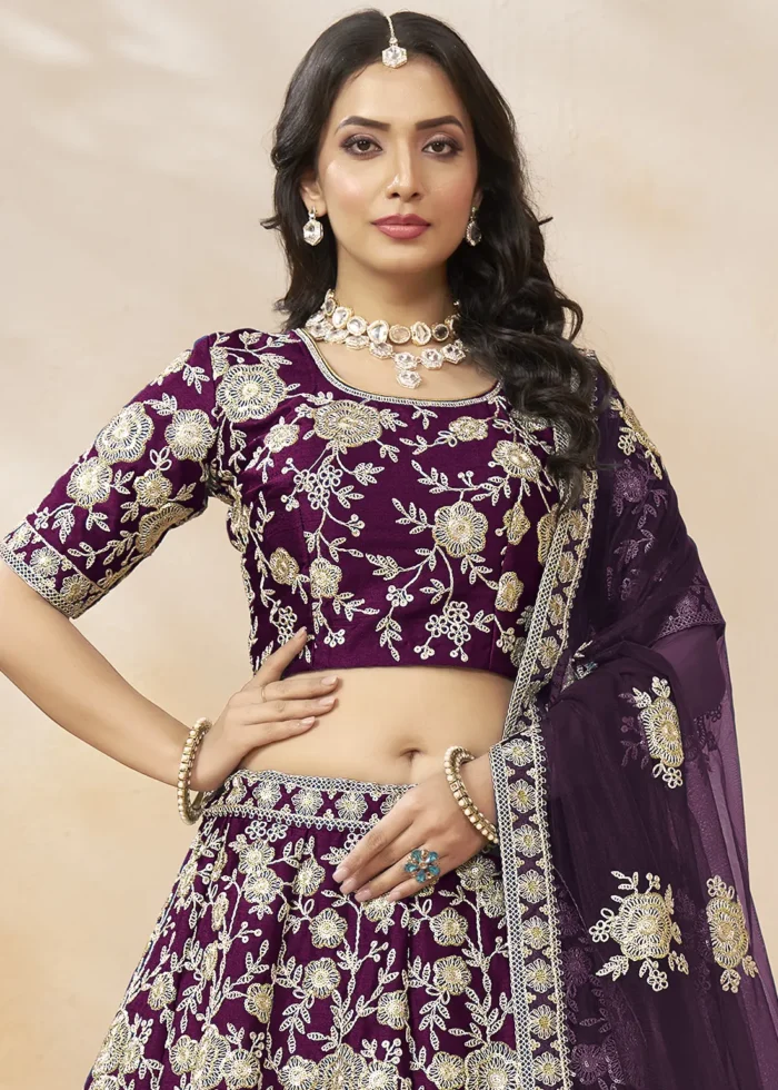 Embroidered Wine Silk Lehenga