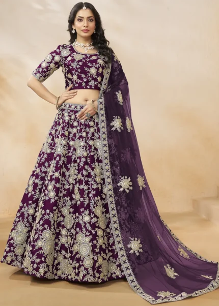 Embroidered Wine Silk Lehenga