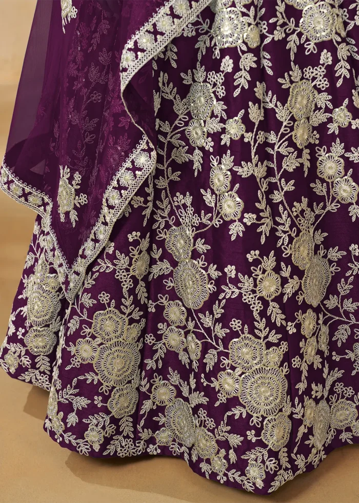 Embroidered Wine Silk Lehenga