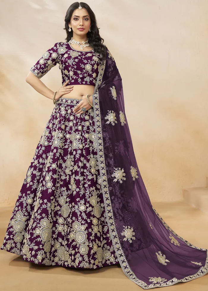 Embroidered Wine Silk Lehenga