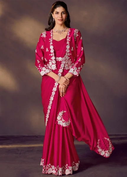 Fuchsia Pink Ready to Wear Satin Silk Saree with Jacket & Belt