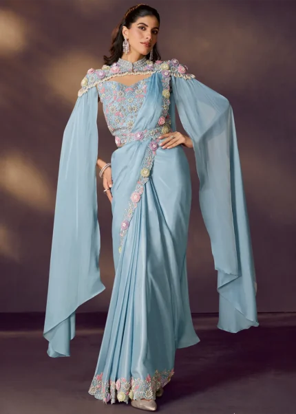 Ice Blue Ready to Wear Satin Silk Saree