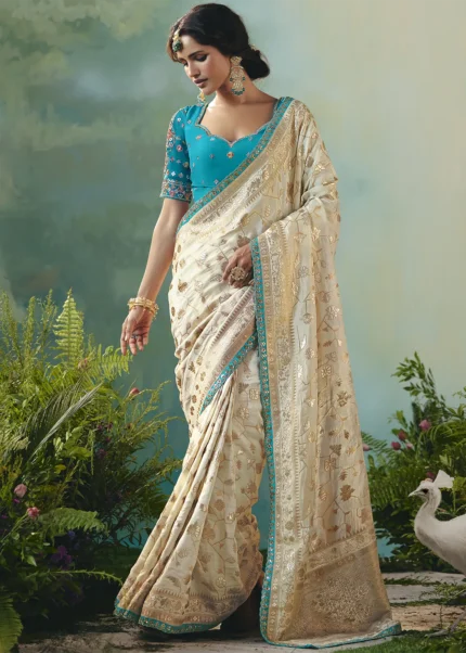 Ivory Banarasi Dola Silk Saree