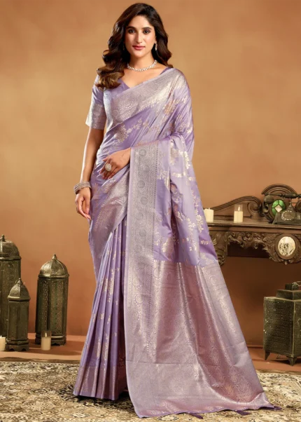 Lavender Banarasi Silk Saree with Golden Zari Weaving