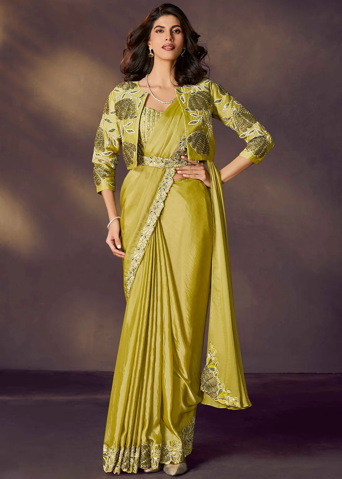 Lime Green Ready to Wear Satin Silk Saree with Jacket & Belt Lime Green Ready to Wear Satin Silk Saree with Jacket & Belt