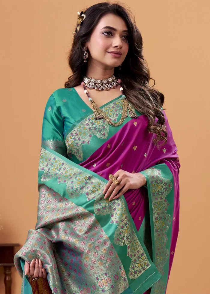 Magenta and Green Banarasi Silk Saree