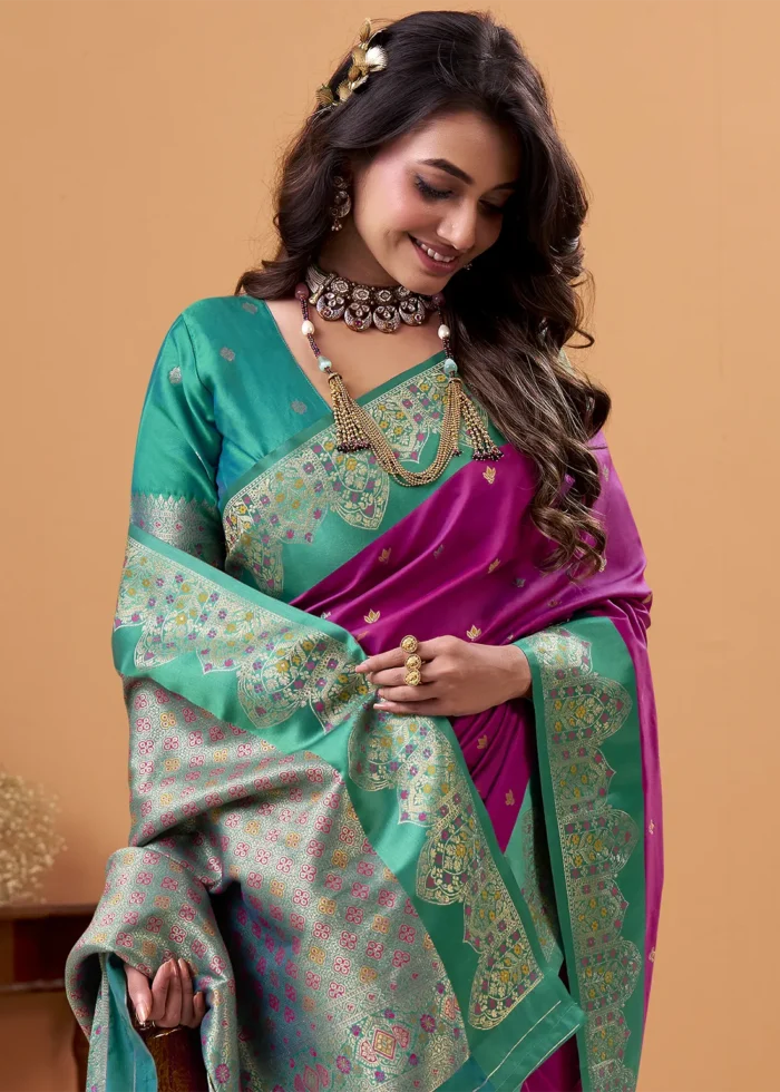 Magenta and Green Banarasi Silk Saree