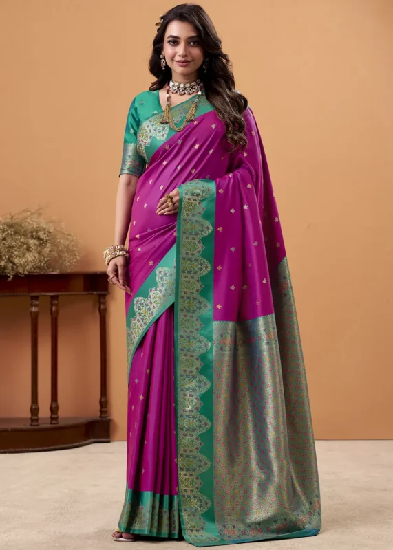 Magenta and Green Banarasi Silk Saree