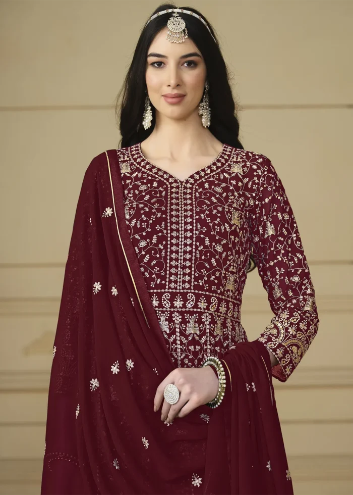 Maroon Embroidered Georgette Anarkali Gown