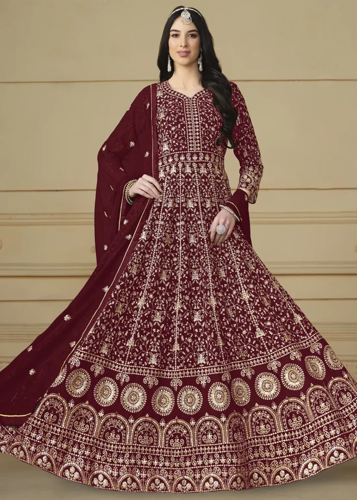 Maroon Embroidered Georgette Anarkali Gown