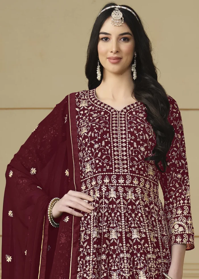 Maroon Embroidered Georgette Anarkali Gown