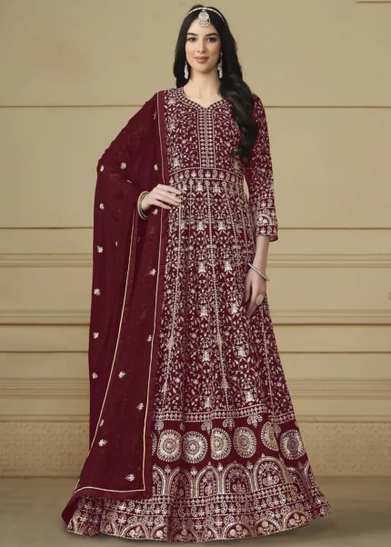 Maroon Embroidered Georgette Anarkali Gown