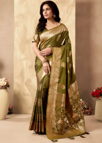 Mehendi Green Banarasi Silk Saree with Golden Zari Weaving