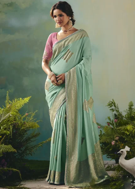 Mint Green Banarasi Dola Silk Saree