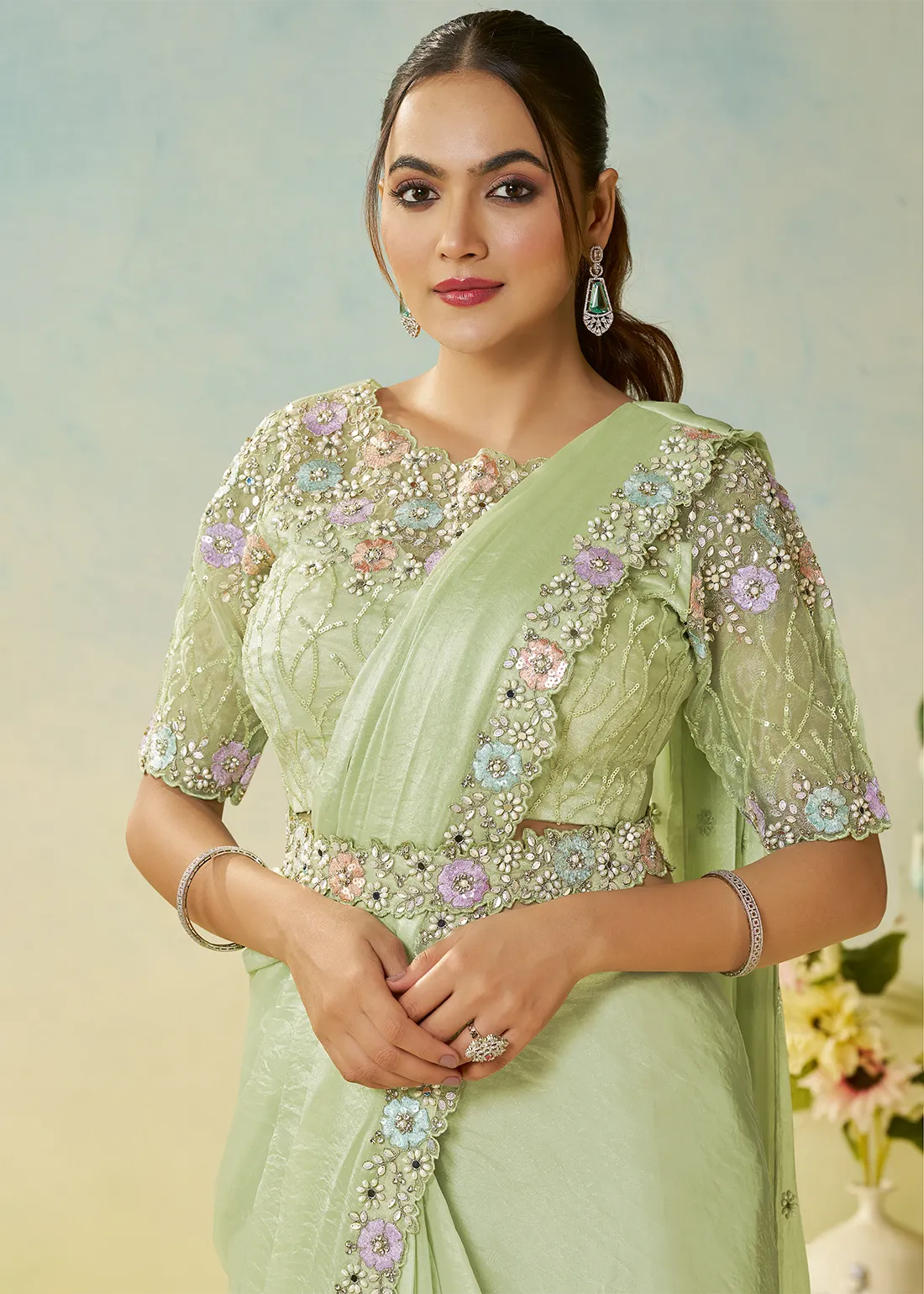 Mint Green Ready to Wear Designer Saree Mint Green Ready to Wear Designer Saree