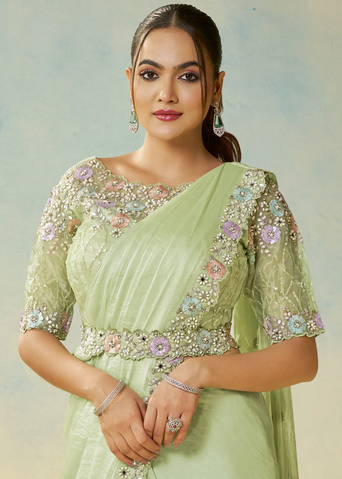 Mint Green Ready to Wear Designer Saree Mint Green Ready to Wear Designer Saree