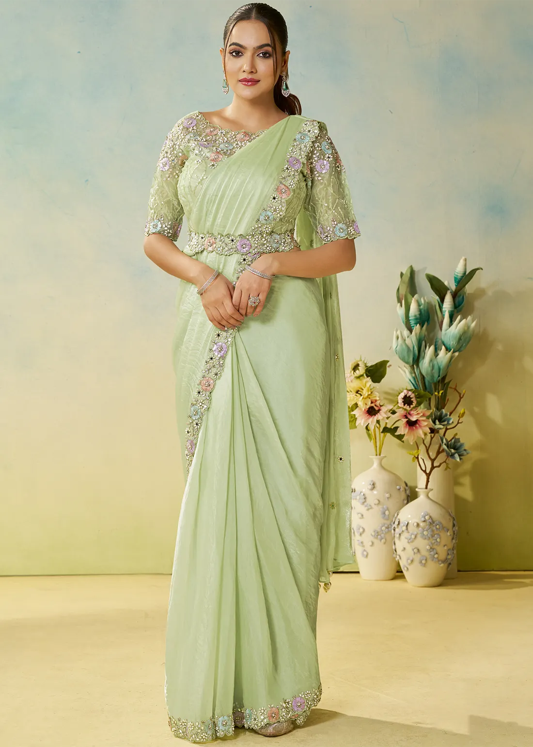 Mint Green Ready to Wear Designer Saree Mint Green Ready to Wear Designer Saree