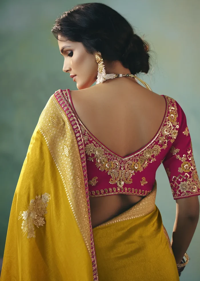 Mustard Yellow Banarasi Dola Silk Saree with Magenta Blouse
