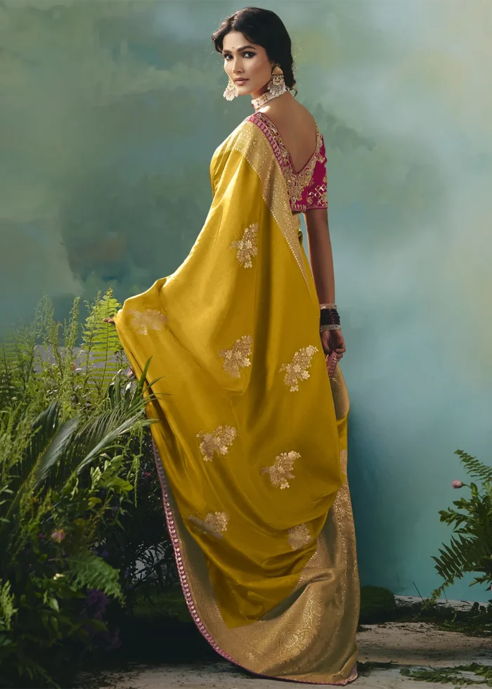 Mustard Yellow Banarasi Dola Silk Saree with Magenta Blouse