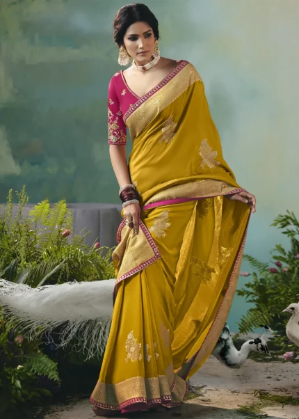 Mustard Yellow Banarasi Dola Silk Saree with Magenta Blouse