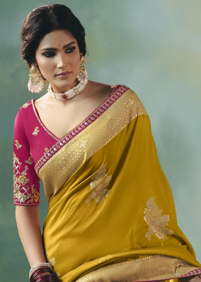 Mustard Yellow Banarasi Dola Silk Saree with Magenta Blouse