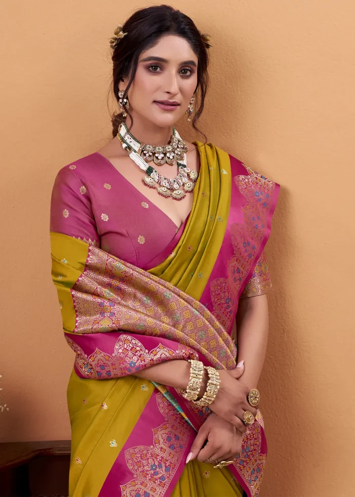 Mustard Yellow and Rani Pink Banarasi Silk Saree